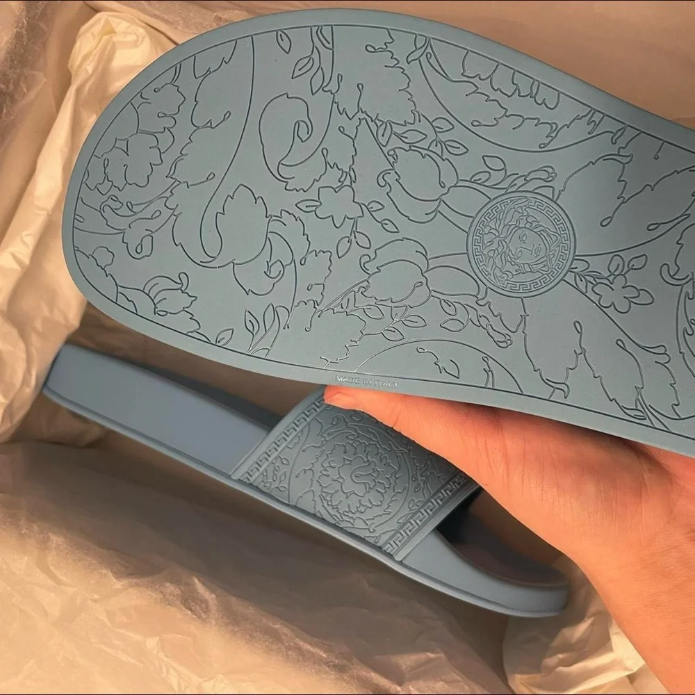 Versace Sky Blue and Gold Pool Slides - Picture 3 of 4